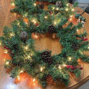 Festive Set of 2 Green Holiday Wreath with Lights 22”